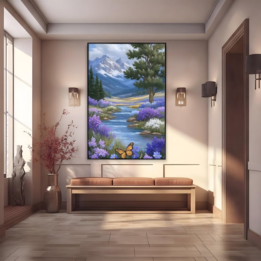 Tablou canvas cu tablou pictura peisaj montan cu rau si flori, in rama de aluminiu negru